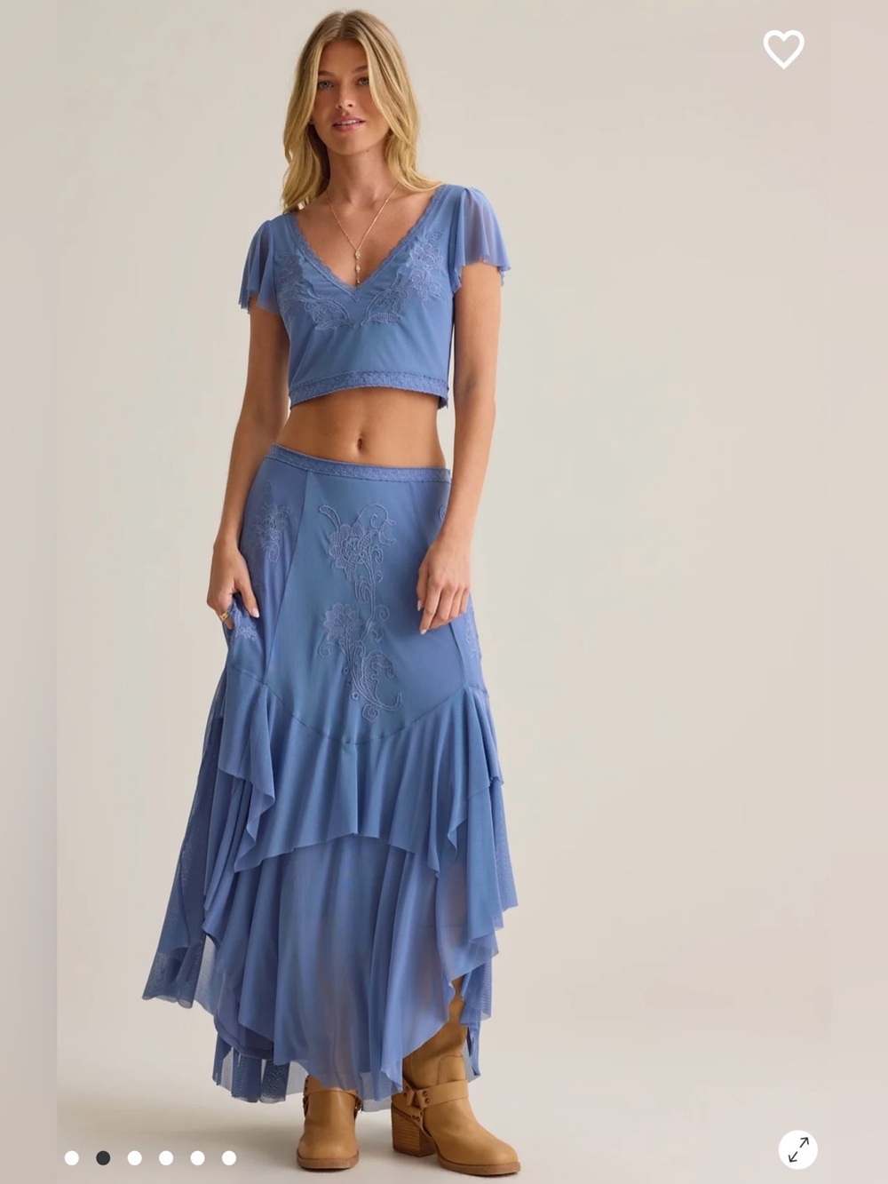 Altar'd State Dusty Blue Asymmetrical Embroidered Maxi Skirt and Top Set - Picture 2 of 6